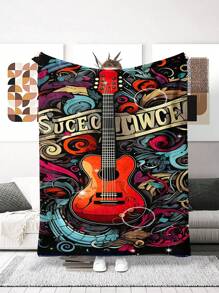 1pc Retro Guitar Digital Printed Flannel Blanket, Soft Warm & Lightweight Flannel Throw Blanket For Couch, Bed, Gift