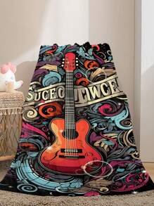 1pc Retro Guitar Digital Printed Flannel Blanket, Soft Warm & Lightweight Flannel Throw Blanket For Couch, Bed, Gift