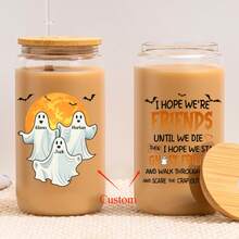 万圣节幽灵冰咖啡杯，带盖和吸管的万圣节玻璃杯，万圣节女士礼物，可爱恐怖万圣节幽灵玻璃杯 - 白色 - 查看 7