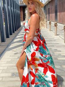 Vestido de muslo con abertura con estampado tropical de espalda abierta con nudo de cuello halter - Blanco - Ver 2