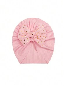 3pcs Newborn Baby Girl Shiny Bow Hat Set With Soft Ear Flaps, Brimless Cap - Hot Pink - View 4