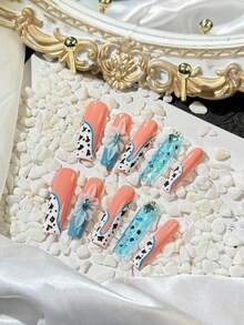 Bộ 10 miếng dán móng tay thủ công Y2K XXL hình vuông màu xanh dương hình con bò nguyên chất có phủ toàn bộ móng tay 3D, bao gồm một miếng keo dán và một dải chà xát, thích hợp cho các sản phẩm làm móng tự làm ở nhiều nơi như phụ nữ, trẻ em gái, hẹn hò, du lịch, tiệc văn phòng, v.v. - Nhiều màu - Xem 3