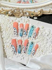 Bộ 10 miếng dán móng tay thủ công Y2K XXL hình vuông màu xanh dương hình con bò nguyên chất có phủ toàn bộ móng tay 3D, bao gồm một miếng keo dán và một dải chà xát, thích hợp cho các sản phẩm làm móng tự làm ở nhiều nơi như phụ nữ, trẻ em gái, hẹn hò, du lịch, tiệc văn phòng, v.v. - Nhiều màu - Xem 1