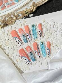 Bộ 10 miếng dán móng tay thủ công Y2K XXL hình vuông màu xanh dương hình con bò nguyên chất có phủ toàn bộ móng tay 3D, bao gồm một miếng keo dán và một dải chà xát, thích hợp cho các sản phẩm làm móng tự làm ở nhiều nơi như phụ nữ, trẻ em gái, hẹn hò, du lịch, tiệc văn phòng, v.v. - Nhiều màu - Xem 4