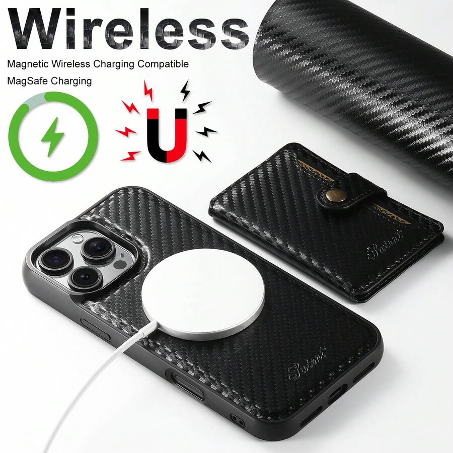 Giá đỡ SUTENI tương thích với MagSafe Vỏ điện thoại di động sạc không dây từ tính Vỏ điện thoại di động bằng da PU mờ 2 trong 1 Vỏ điện thoại di động từ tính dành cho nam Vỏ ví bằng sợi carbon tương thích với iPhone 16 Pro Max 15 Plus 14 13 12