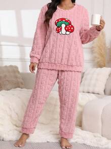 2 pezzi Set pigiama da donna in flanella spessa con ricamo a fungo, abbigliamento da notte caldo per autunno/inverno - Rosa - Visualizzare 5