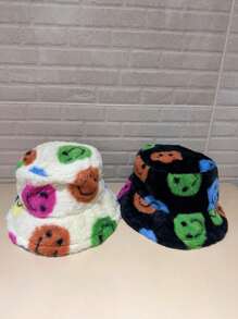 1PC Women Smiling Face Pattern Fluffy Hat Warm Bucket Hat For Daily Life, Dating Campus And Trips Teacher Mom Gifts - Multicolor - View 10