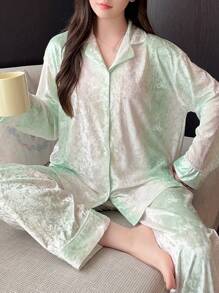 Pure Slumber 2pcs/Set Women's Ombre Rhinestone Velvet Pajama Set - Apricot - View 1