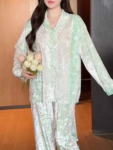 Pure Slumber 2pcs/Set Women's Ombre Rhinestone Velvet Pajama Set - Apricot - View 4