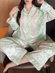 Pure Slumber 2pcs/Set Women's Ombre Rhinestone Velvet Pajama Set - Apricot - View 3