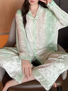 Pure Slumber 2pcs/Set Women's Ombre Rhinestone Velvet Pajama Set - Apricot - View 6