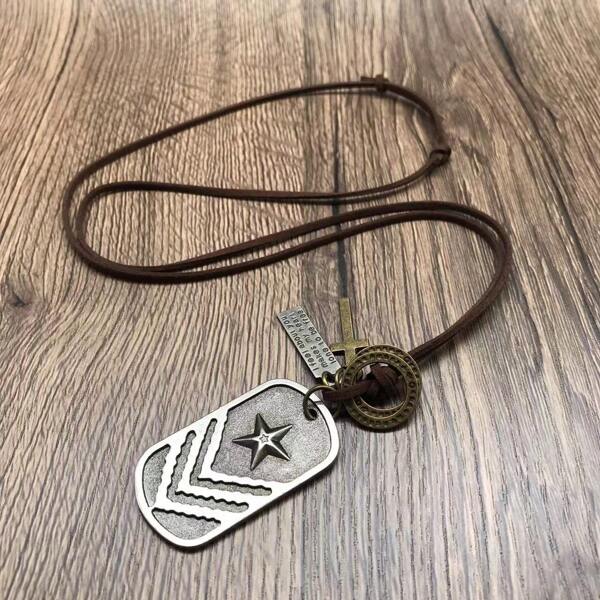 1pc Retro Style Personalized Leather Necklace With Metallic Military Tag Pendant, Fashion New Design For Men