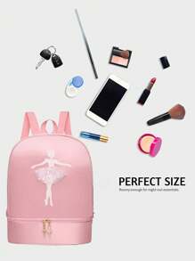 1pc Solid Color Zipper Closure Oxford Cloth Embroidered Dancer Motif Cute Backpack With Separate Shoe Compartment, Suitable For Daily Use