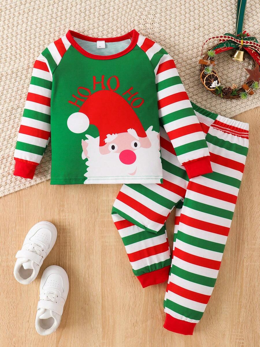2 件套年轻男孩圣诞老人条纹印花服装，秋季 - 綠色 - 查看 1