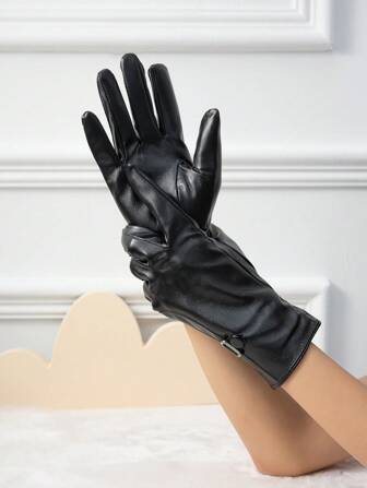1 Pair Full Touch Screen Thin Fleece PU Gloves, Casual Daily Accessories