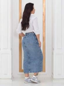 Midi Denim Skirt With Slit, Medium Wash - 淺色水洗藍 - 查看 4