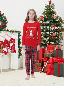 Girls 1pc Christmas Print Tee & 1pc Plaid Trousers Snug Fit PJ Set - Red - View 2
