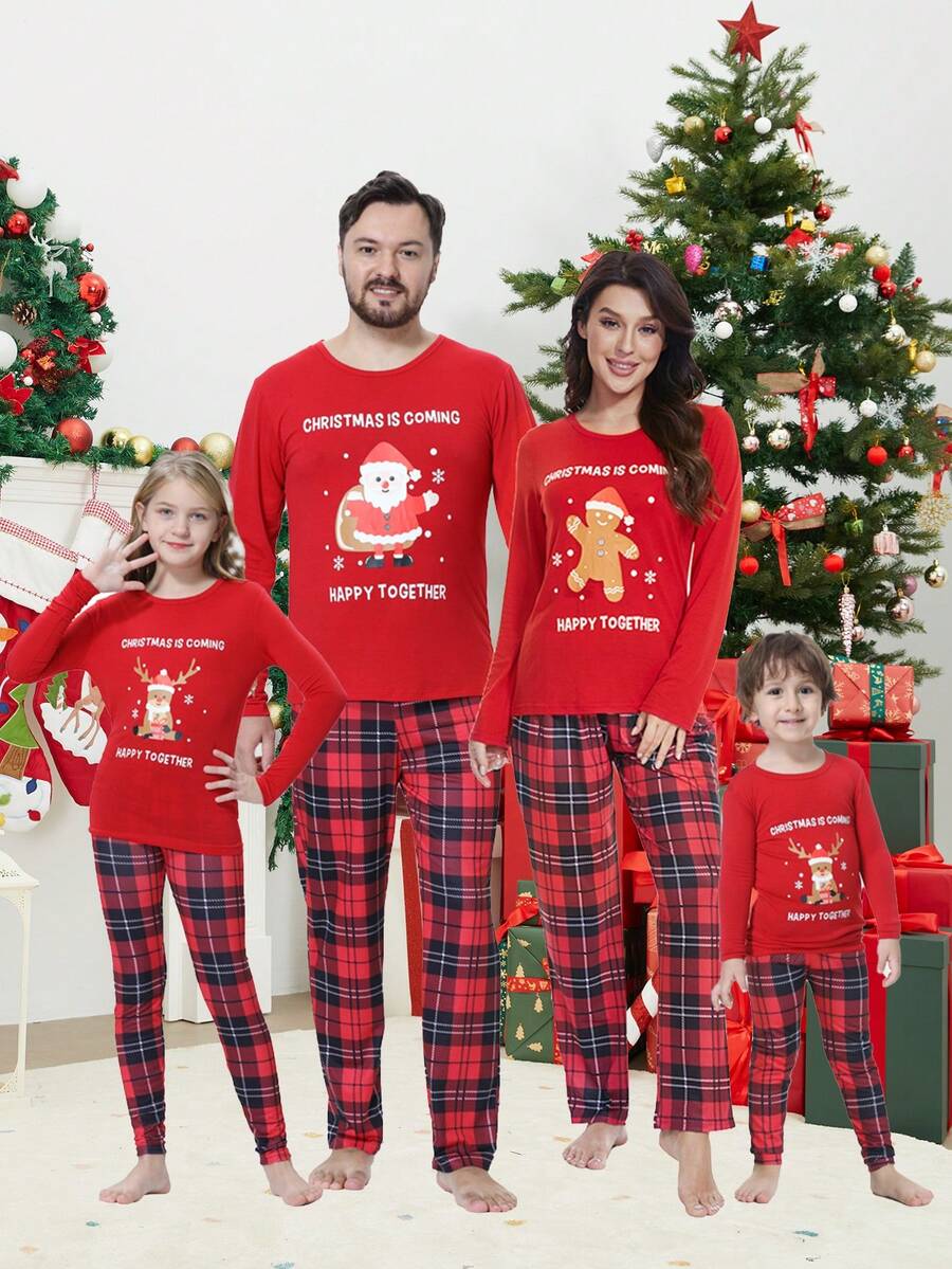 Girls 1pc Christmas Print Tee & 1pc Plaid Trousers Snug Fit PJ Set - Red - View 1