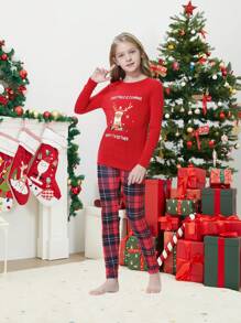 Girls 1pc Christmas Print Tee & 1pc Plaid Trousers Snug Fit PJ Set - Red - View 4