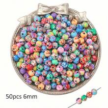 50 件 6/8/10/12 毫米聚合物粘土圆形花形珠子，各种图案软陶瓷隔珠，手工珠宝制作 DIY 手链项链工艺配件 - 彩色 - 查看 12