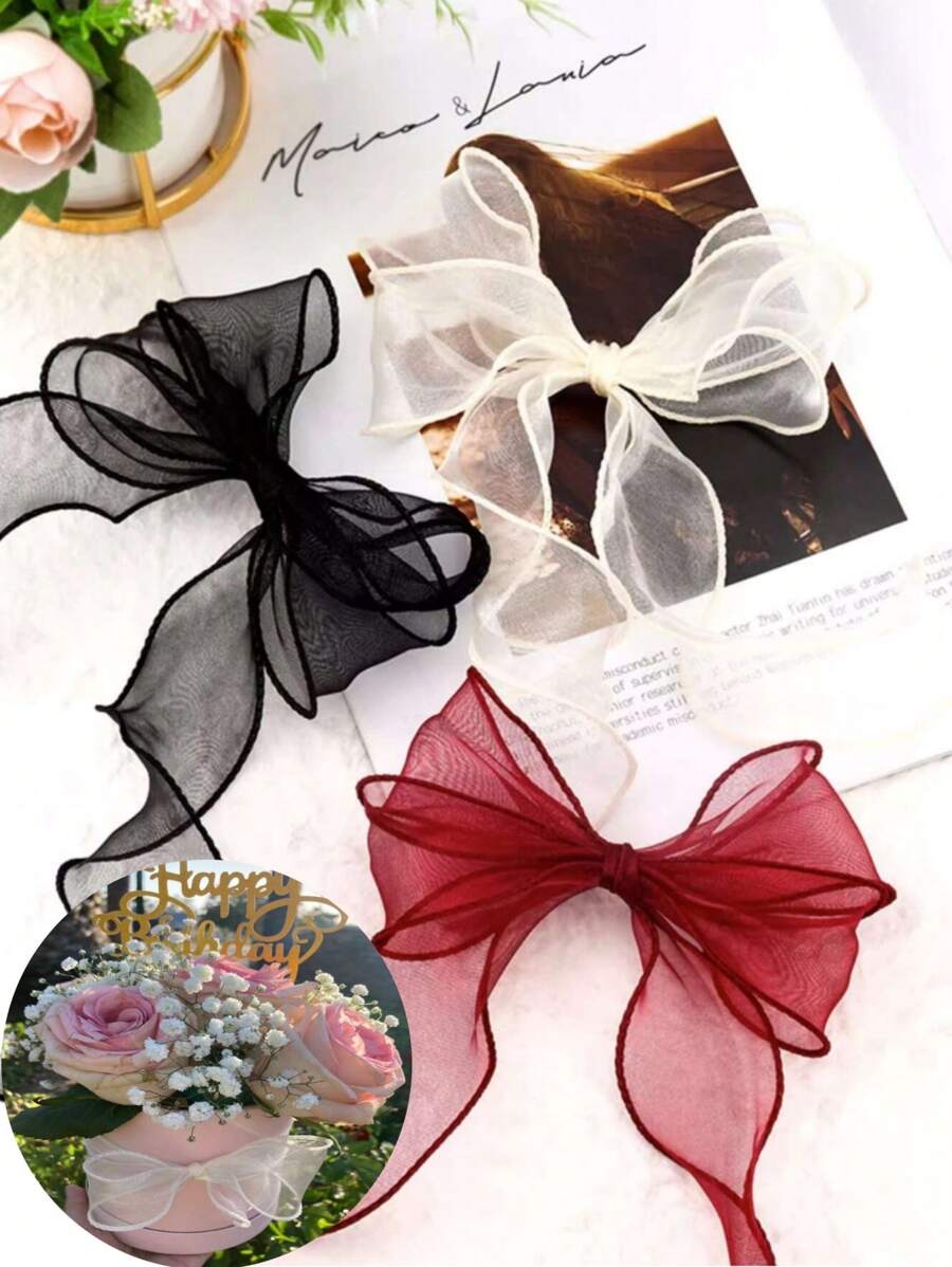 1 Roll 354.33 Inch Organza Ribbon Spool With Trim, Bow & Floral Bouquet Decor, For DIY Flower Arranging, Gift Wrapping, Valentine's Day, Wedding, Birthday Party And Holiday Decoration