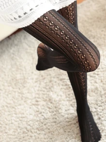 1 件装全新日式洛丽塔白色复古镂空蕾丝连裤袜配雕花网袜和底袜 - 黑色 - 查看 3