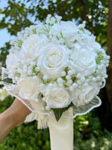 1朵新娘婚禮花束，象牙白新娘花束，人造花婚禮花束，帶絲帶伴娘花束，情人節，裝飾珍珠蕾絲網玫瑰花束