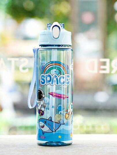 1pc800ml卡通宇航员水壶跳盖户外运动水壶学生带绳塑料杯透明吸管杯