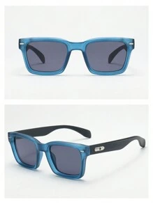 1pc Vintage Square Frame Fashion Glasses For Men (Suitable For Driving, Travel, Leisure, Vacation, Outdoor Activities And Daily Use) Looks Street Style And Suit For Sweater Jacket Sweatshirt Hoodie Leather Pants And Cargo Pants For Summer Beach Vacation,Outdoor,Travel - 藍框黑灰片 - 查看 3
