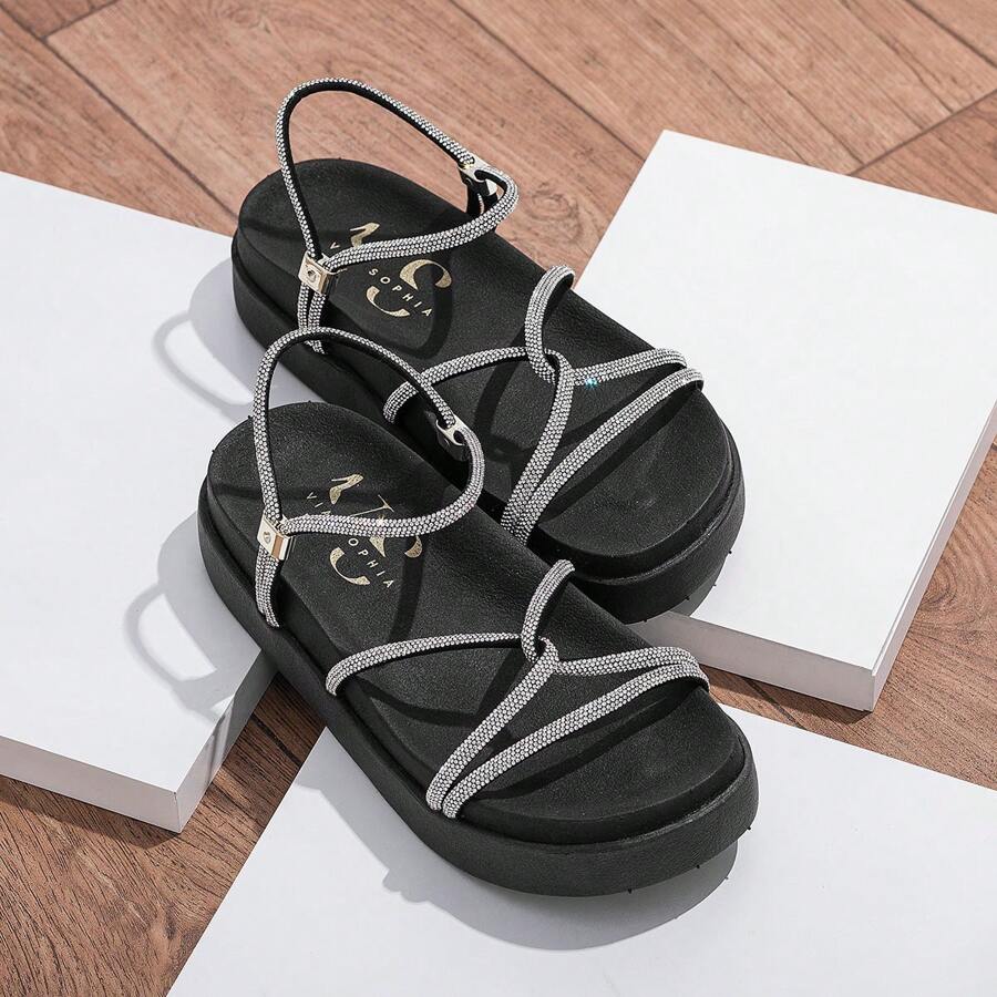 Women's  Sandal Flat Platform Shiny Rhinestone Lightweight Soft Comfortable Promotion - 黑色 - 查看 1