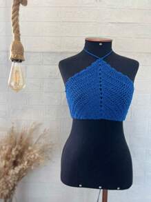 Cropped Crochet Summer 2025 Knitted Top Halter Beach Fashion Carnival Neon - Xanh đậm - Xem 2
