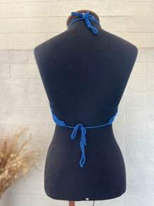 Cropped Crochet Summer 2025 Knitted Top Halter Beach Fashion Carnival Neon - Xanh đậm - Xem 5