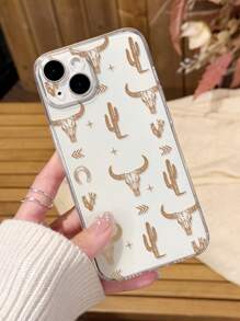 1pc Western Style Cactus & Skull Pattern Transparent Anti-Slip Soft Phone Case Compatible With Iphone 11/12/13/14/15 Pro Max,International Version, Not The Domestic Version - Multicolor - View 3