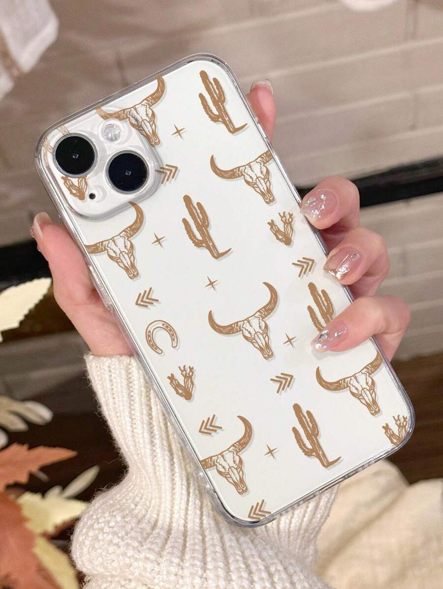 1pc Western Style Cactus & Skull Pattern Transparent Anti-Slip Soft Phone Case Compatible With Iphone 11/12/13/14/15 Pro Max,International Version, Not The Domestic Version - Multicolor - View 1