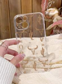 1pc Western Style Cactus & Skull Pattern Transparent Anti-Slip Soft Phone Case Compatible With Iphone 11/12/13/14/15 Pro Max,International Version, Not The Domestic Version - Multicolor - View 2