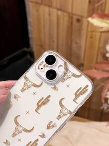 1pc Western Style Cactus & Skull Pattern Transparent Anti-Slip Soft Phone Case Compatible With Iphone 11/12/13/14/15 Pro Max,International Version, Not The Domestic Version - Multicolor - View 4