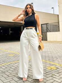 EMILI LULU RUNS4 Calça Pantalona Feminina Classic Em Passante Largo C/Cinto Fino - Branco - Visão 2