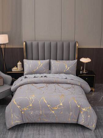 Ensemble de housse de couette minimaliste moderne, imprimé de feuille de marbre unicolore rose/gris/vert/bleu/violet, en microfibre super douce et lavable, 2/3 pièces