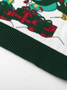 Young Boy Christmas Classic Red & Green Color Round Neck Dinosaur Graphic Knit Pullover Sweater, Long Sleeve, New Year