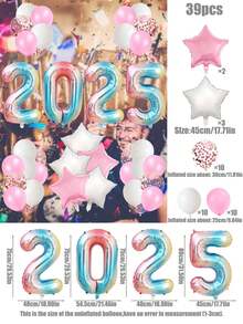 39 件新年气球套装，32 英寸粉红金银色玫瑰金黑色绿色数字气球，18 英寸星形铝箔气球，适合新年快乐派对装饰 - 彩色 - 查看 15