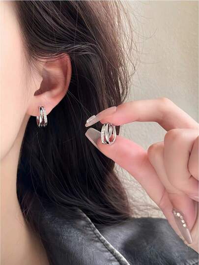 Pendientes de aro doble de plata de ley, accesorio con diseño elegante y bonito, joyería perfecta para bodas y fiestas