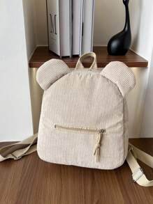 1pc Zipper Closure Corduroy Niche Design Highly Attractive Fashion Backpack Cartoon Bear Cute Backpack Suitable For Girls - Beige - View 3