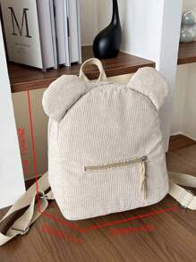 1pc Zipper Closure Corduroy Niche Design Highly Attractive Fashion Backpack Cartoon Bear Cute Backpack Suitable For Girls - Beige - View 4