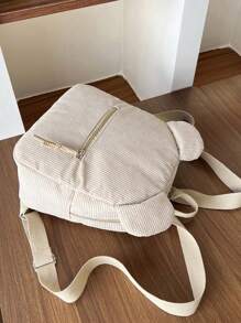 1pc Zipper Closure Corduroy Niche Design Highly Attractive Fashion Backpack Cartoon Bear Cute Backpack Suitable For Girls - Beige - View 6