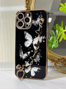 1pc Black TPU Electroplated Butterfly Pattern Shockproof Phone Case And 1pc Black Electroplated Butterfly Wrist Strap, Compatible With/Matching Phone Cases/Phone Cases With Lanyard/Wristband Phone Cases/Fun Phone Cases/Android Phone Cases/ Phone Cases/ Phone Cases/OPPO Phone Cases/Compatible With Iphone 15 Pro Max/IPhone 14 Pro Max/ A52 4G/ A31 4G/ A23/Redmi Note 11 Pro 4G/Redmi Note 12 4G/OPPO A54/ A14/ A54 - Multicolor - View 5