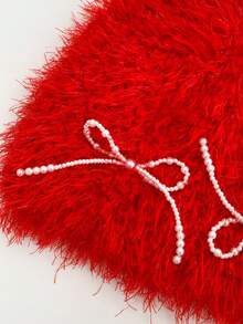 1 套珍珠蝴蝶结闪亮纯色针织帽 + 围巾，手工钩编渔夫渔夫帽和窄围巾，复古独特风格女士 - 珍珠蝴蝶結帽子+圍巾*紅色 - 查看 7