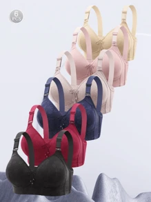 6pcs Jacquard Thin Cup 3-Row Hook Uplift Full Coverage Wireless Unpadded Bras For Women