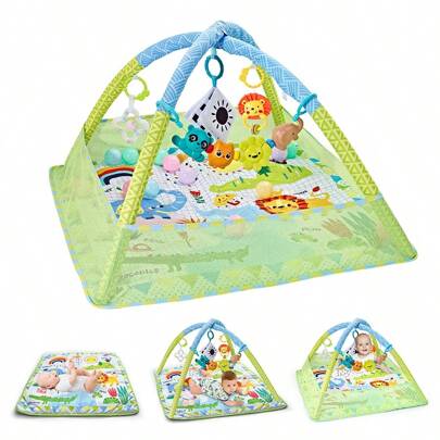 1set Deluxe Baby Fitness Frame & Activity Mat, Removable Fencing, Comes With Diverse Hanging Toys, No Ocean Balls, Foldable Fabric Baby Play Mat, Promoting Sensory Development, Cute Animal Theme, Popular Gift For Infants 0-3 Years Old, Interactive Play Area