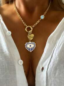 1 件装金色心形项链大号金色三色心形吊坠心形项链吊坠大型心形吊坠项链配四叶草装饰情人节礼物 - 彩色 - 查看 8