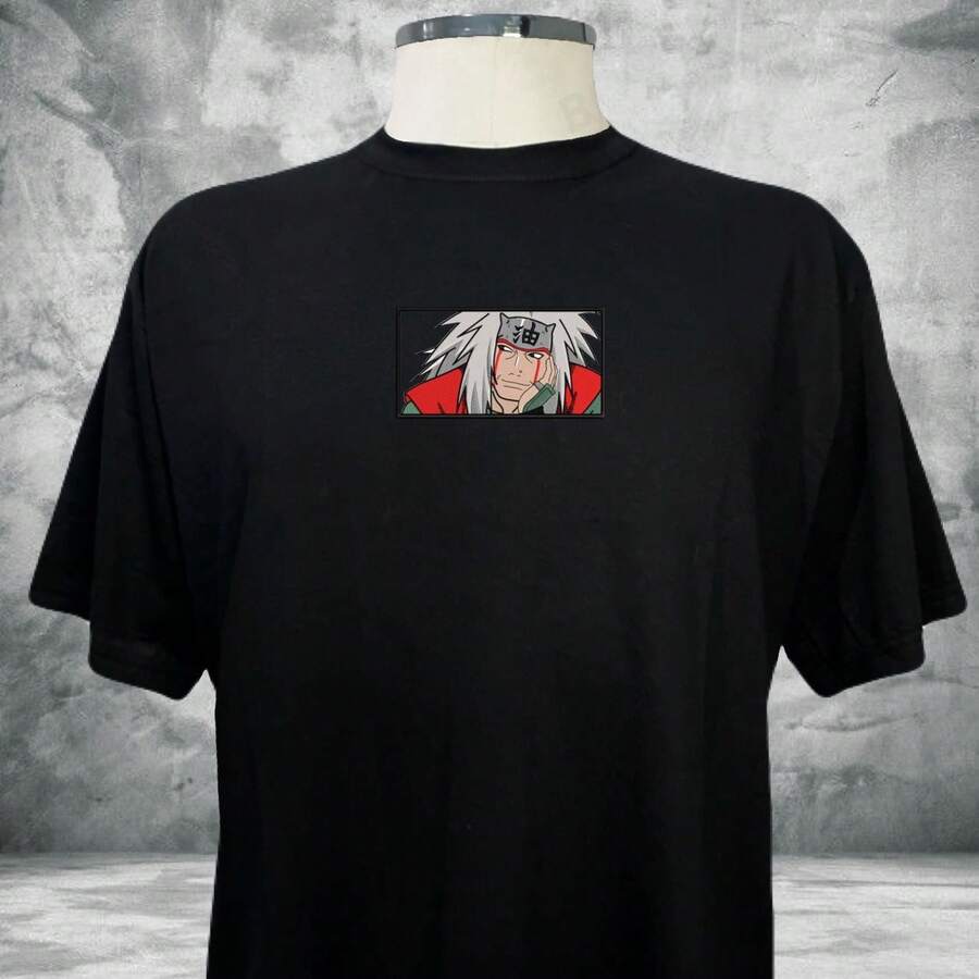 Jiraya Embroidered T-Shirt Anime Piece Unisex Blouse 100% Cotton Geek Streetwear - 黑色 - 查看 1